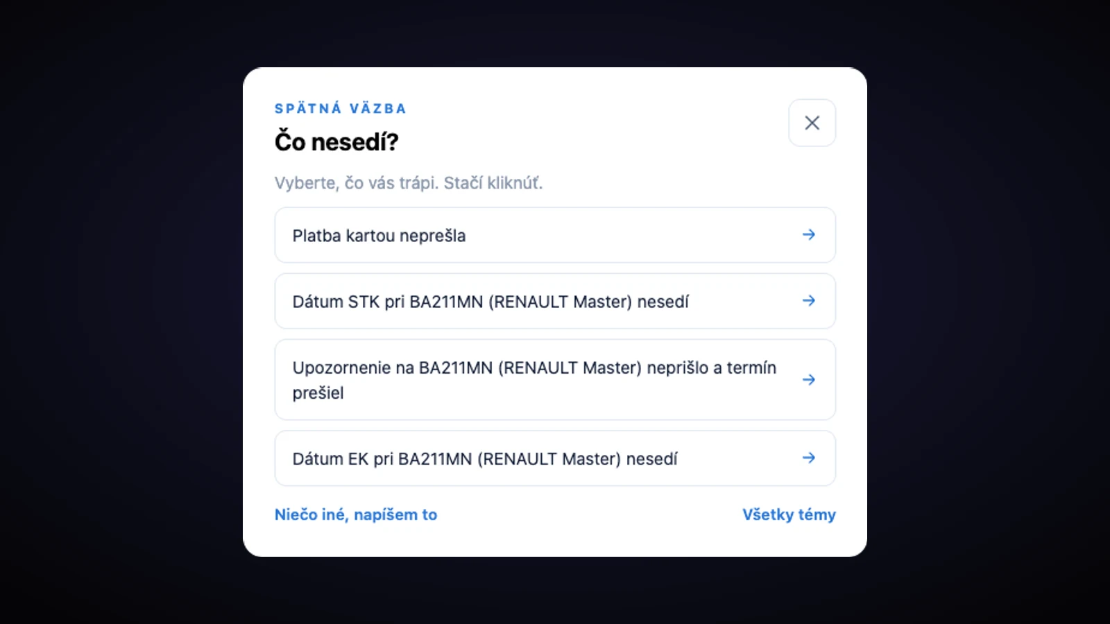 Okno „Čo nesedí?“ v Expiro so štyrmi tipmi, napríklad Platba kartou neprešla a Dátum STK pri konkrétnom aute nesedí