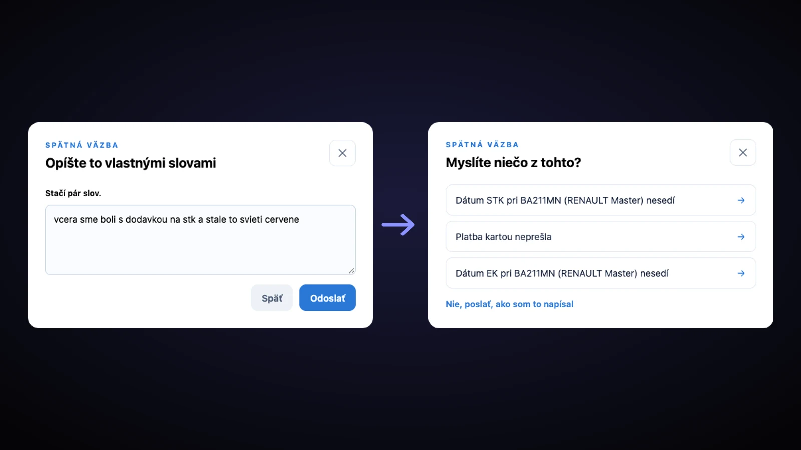 Vľavo zákazník píše vlastnými slovami, vpravo Expiro ponúkne ako prvé „Dátum STK nesedí“ pri správnom aute